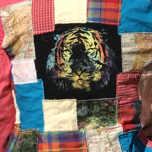 Upcycled Patchwork Jacket, Small: Handcrafted Boho Tattered Tiger Patch Blazer - Picture 4 of 8